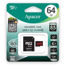 Apacer paměťová karta Secure Digital Card V10, 64GB, micro SDXC, AP64GMCSX10U5-R, UHS-I U1 (Class 10), s adaptérem